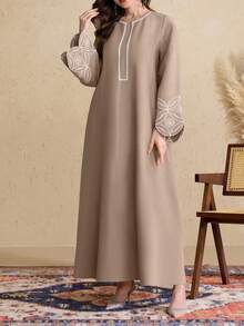 Al Najma Fashionable Flare Sleeve Embroidered Round Neck Swing Dress - Coffee Brown - View 4