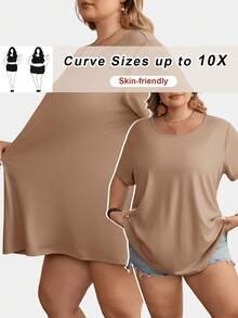 SHEIN CURVE+ 大码曲线/秋季服装/女士秋季服装/女士冬季服装/冬季服装大码休闲宽松纯色短袖T恤，舒适简约，适合日常穿着 - 鏽棕色 - 查看 1