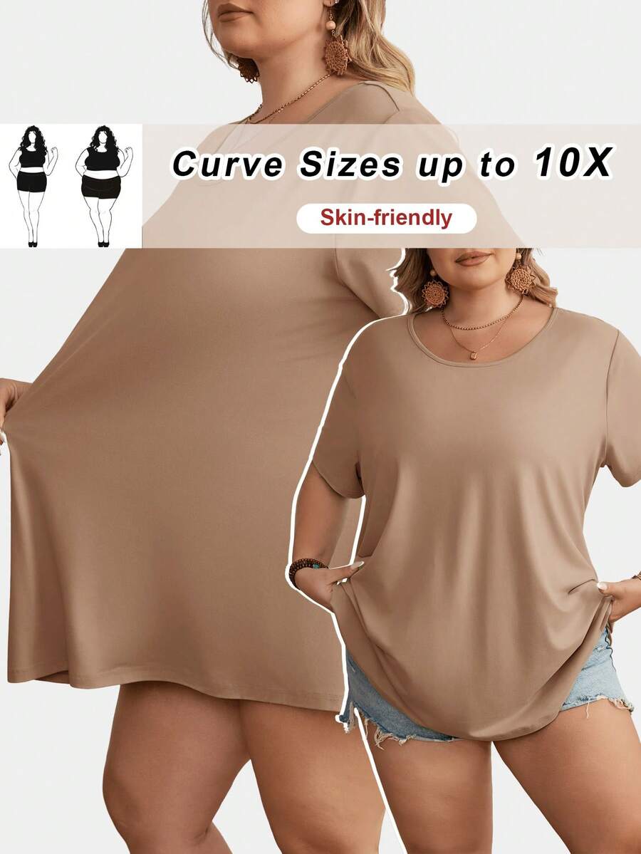 SHEIN CURVE+ 大码曲线/秋季服装/女士秋季服装/女士冬季服装/冬季服装大码休闲宽松纯色短袖T恤，舒适简约，适合日常穿着 - 鏽棕色 - 查看 1