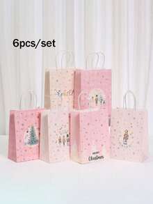 6/12/18个装，粉色圣诞印花系列牛皮纸袋，礼品袋，节日派对包装袋，手提袋，礼品袋 - 彩色 - 查看 8