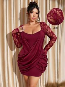 Cravure Plus Size Elegant Party Lace Patchwork Wrap Dress - Burgundy - View 4