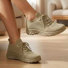 Mujer Zapatillas Deportivas De Tejido De Punto Transpirable Con Cordones Suela Gruesa Caqui - Caqui - Ver 4