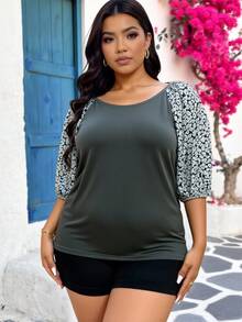 SHEIN LUNE Plus Size Boho Print Round Neck Casual Versatile T-Shirt Thanksgiving Women New Years Women Winter Women Rave - Grey - View 3