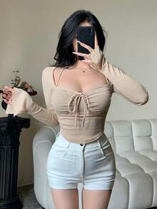 DAZY Women's Solid Color Sweetheart Neck Long Sleeve Front Tie Fitted Fashionable Long Sleeve T-Shirt - Apricot - View 2