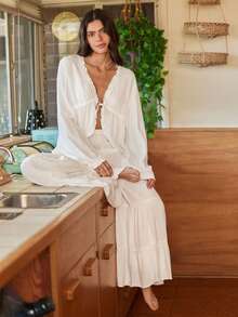 Bohemian Casual Loose Ruched Pleated French Elegant Long Sleeve Pants Pajama Set For Women, Autumn - White - View 1