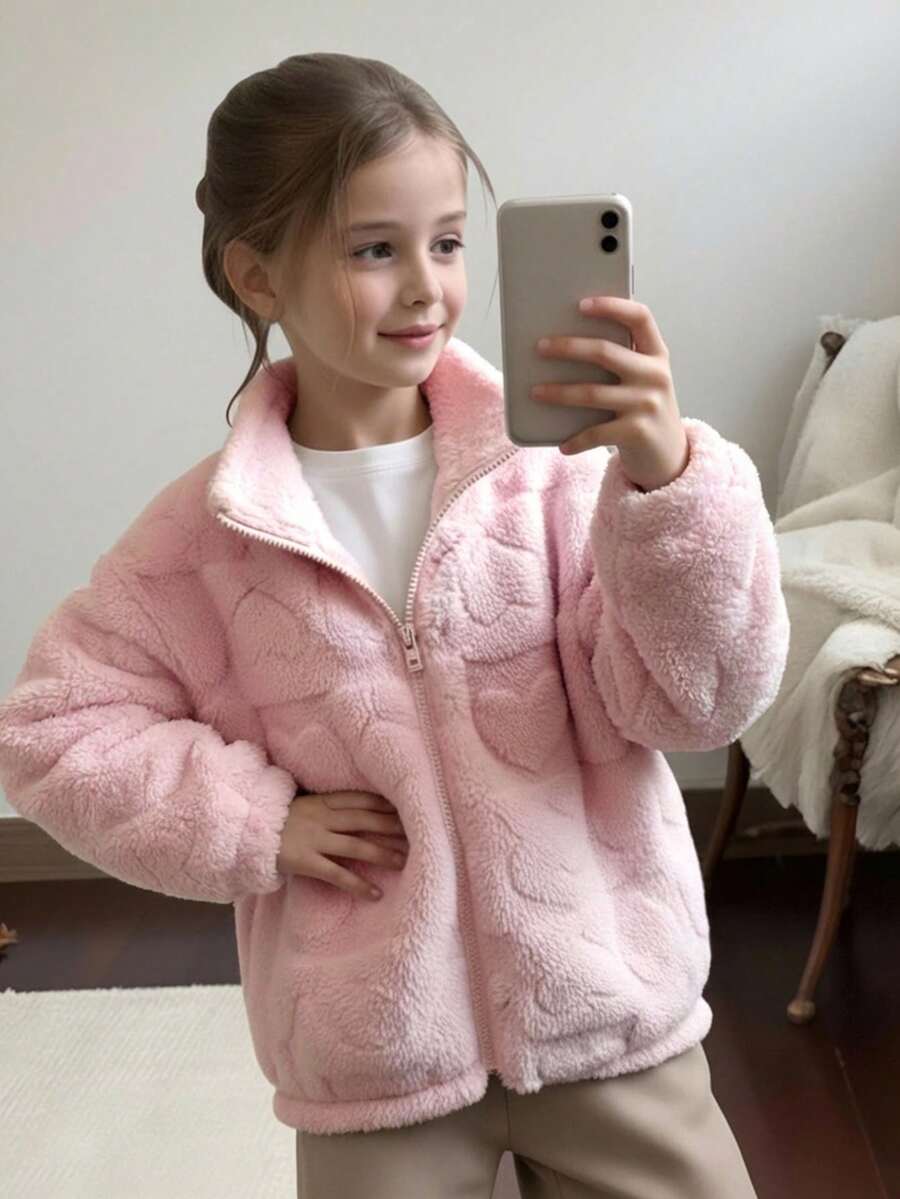 SHEIN 少女宽松休闲毛绒爱心拉链长袖大码外套,圣诞节舒适秋冬款式,适合秋冬季节、新年、日常穿着、庆祝活动等场合,轻松舒适,秋冬叠穿,时尚百搭。 - 粉色 - 查看 1