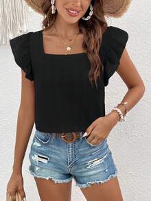 SHEIN VCAY 纯色泡泡袖荷叶边衬衫夏季女式沙滩方领女式上衣