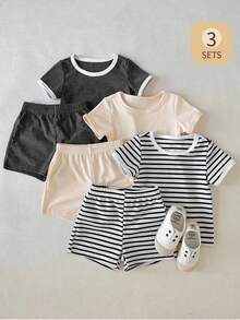 SHEIN Set de 6 piezas de ropa casual para bebé niño con diseño de rayas y estilo minimalista, que incluye camiseta de manga corta y pantalones cortos, adecuado para deportes y juegos al aire libre - Multicolor - Ver 9