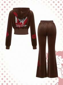 Betty Boop | ROMWE Y2K Rhinestone Betty Pattern Velvet Hooded Sweatshirt & Pants Set - Brown - View 2