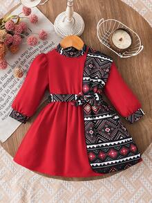 SHEIN Baby Girl Floral Retro Print Shawl Collar Casual Dress, Suitable For Daily, Vacation Wear, Spring/Autumn - Red - View 4