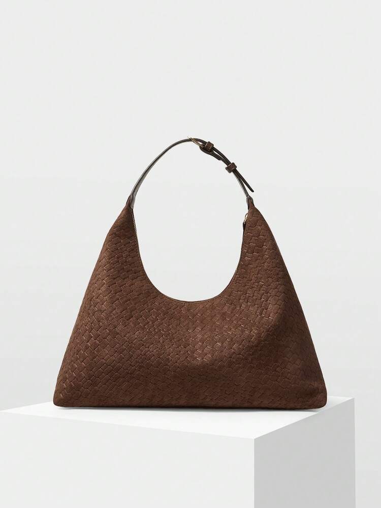 洗練されたミニマリストソフト型押しウーブンパターンイミテーションスエードショルダーバッグ、上品なメタルペンダント付き、通勤やショッピングに適しています