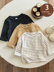 Pixure 3pcs Baby Boy Striped & Solid Color Crew Neck Long Sleeve Pullover Tops Set, Soft & Comfortable Basic Casual Wear For Home & Outdoor, Spring/Autumn - Multicolor - View 1