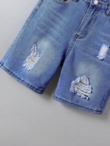 Conjunto de camisa de manga corta y pantalones cortos de mezclilla para niños preadolescentes (2 piezas) - Azul lavado medio - Ver 5