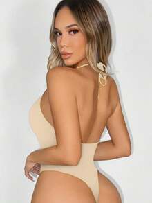 Sirith Seamless Knit Deep V-Neck Backless Halter Bodysuit - Camel - View 2