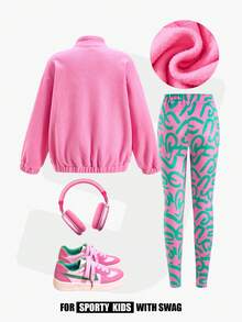 JNSQ Tween Girl Zip-Up Drop Shoulder Hoodie And Allover Print Leggings Casual Outfit Set - Multicolor - View 2