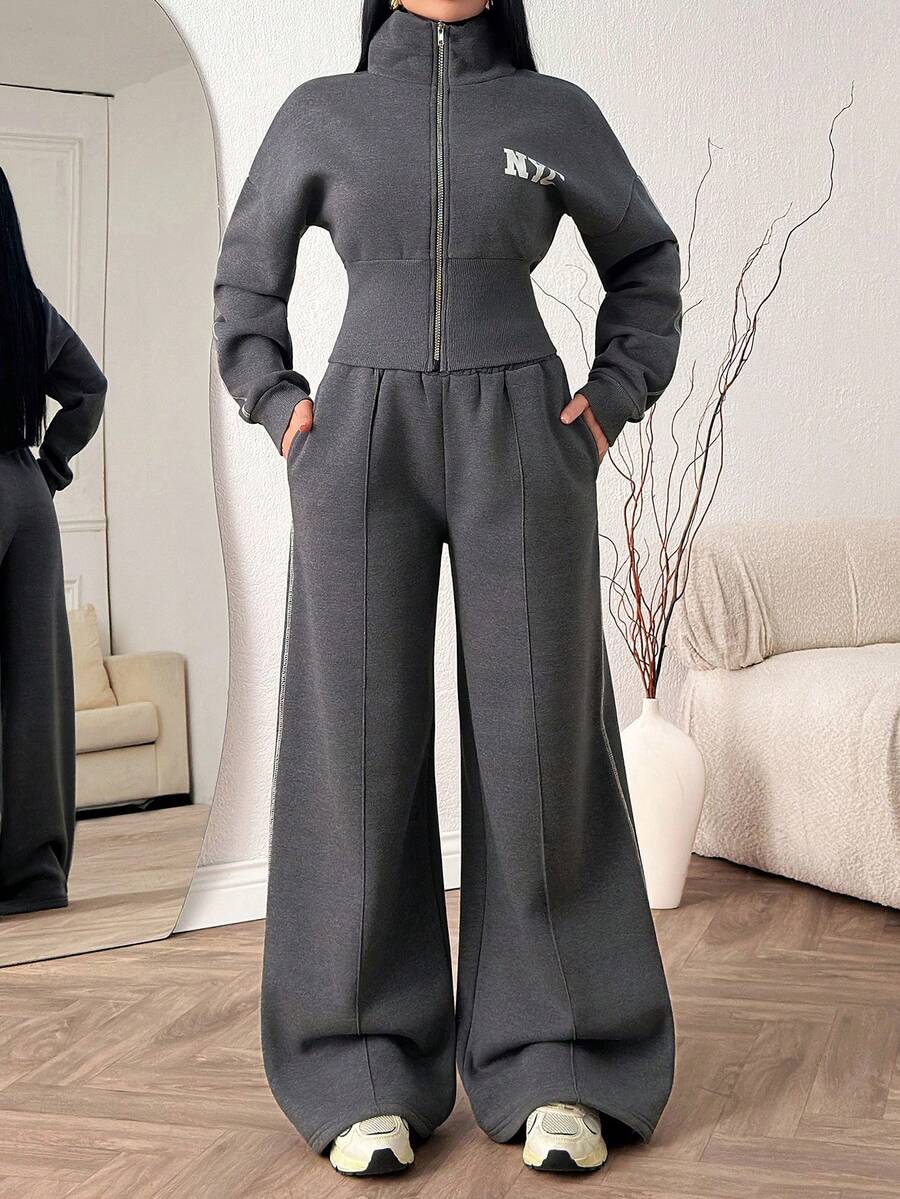 EURMUSE Women's Grey Two Pieces Set – NYC Print Sweatshirt And High Waist Wide Leg Pants, Casual Cotton Lounge Wear, Relaxed Fit Co-Ord, Streetwear, Comfortable Tracksuit, Athleisure Outfit - Grey - View 1