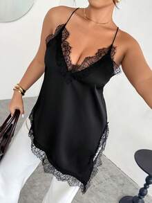 Firerie 大码女式撞色蕾丝不对称下摆性感吊带背心 - 黑色 - 查看 5