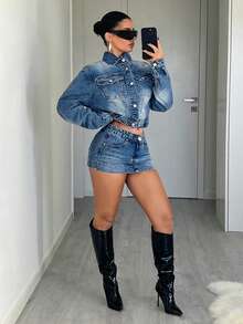 Jeanoix Y2K Style Denim Jacket With Lapel, Drop Shoulder And Front Opening - Medium Wash - View 4