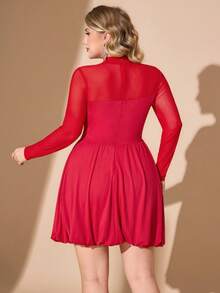 Hourglow Plus Size Women's Solid Color Round Neck Long Sleeve Mesh Fashion Dress/Autumn /Winter - Red - View 2