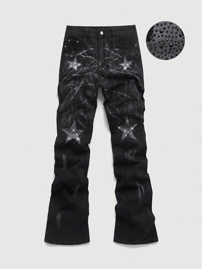 Jeans di denim a strati con diamanti scintillanti a forma di stella per uomo