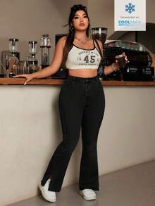 SHEIN ICON 大码女式高腰口袋休闲百搭喇叭裤 - 黑色 - 查看 6