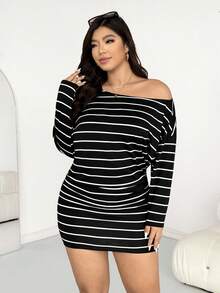 SHEIN Essnce Đầm ngắn tay dài trễ vai kẻ sọc đen trắng dành cho nữ cỡ lớn thời trang xuân/hè, dáng rộng thoải mái, cơ bản, đa năng, tôn dáng, thích hợp mặc hàng ngày, trang phục mùa xuân, đầm ôm dáng, phong cách đơn giản - Đen và trắng - Xem 6