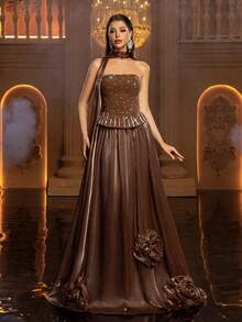 Glamrae 优雅灰紫色无肩带奢华3D串珠花卉装饰A字型长款连衣裙（可拆卸领口披肩），正式晚礼服 - 藍紫色 - 查看 8