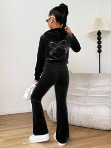 少女天鹅绒水钻袋鼠口袋连帽拉链卫衣和修身喇叭裤休闲优雅两件套 - 黑色 - 查看 3