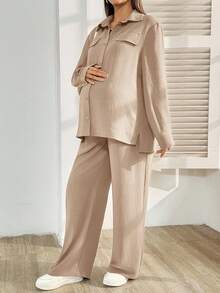 SHEIN 2件套孕妇休闲纯色衬衫和裤子套装，秋季 - 卡其色 - 查看 5