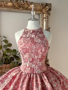 Lovelzi 优雅、浪漫、性感金色提花圆领露背系带腰身正式礼服 - 藕粉色 - 查看 4