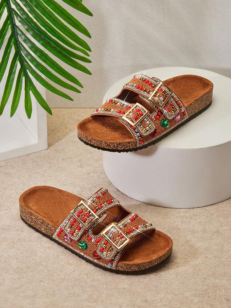 SHUZIA Sandalias deslizantes de corcho con tacón de mujer, con adornos de strass y gemas, hebilla doble, veganas, de ante tostado - Brillantes, audaces y cómodamente elegantes. Día de San Valentín - Granate - Añade 4