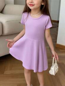 DEVIT - Vestido de niña tejido acanalado con vuelo, manga corta, estilo casual cómodo, diseño suave y fresco para uso diario, ideal para primavera verano, look adorable y ligero - Morado - Ver 1