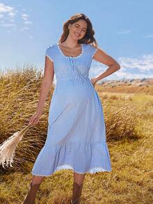 Boho Mama Spring Outfit Women Maternity Casual Daily Soft Dress,Cotton Striped Lace Patchwork Maternity Dress