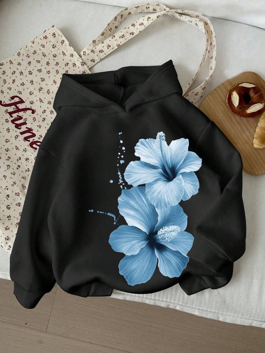 Tween Girl Floral Print Casual Sweatshirt, Loose Fit Top, Suitable For Winter Wear - Black - View 1