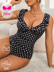 Swim DD+ Bộ đồ bơi tankini gợi cảm mùa hè dành cho nữ, họa tiết chấm bi, phối bèo nhún. - Đen và trắng - Xem 3