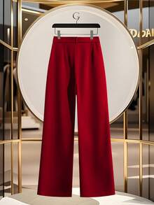 GlowEve 优雅女士阔腿裤，带口袋装饰和腰部收紧设计 - Fiery Red - 查看 2