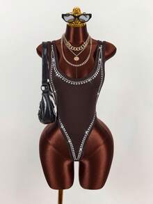 Amplova Sexy Rhinestone Embellished Backless Bodysuit - Brown - View 9