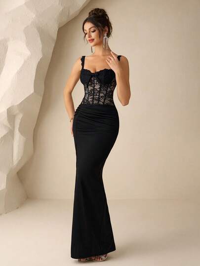 Coutiva Women's Spaghetti Strap Lace Mesh Patchwork Hem Slit Formal Evening Maxi Dress