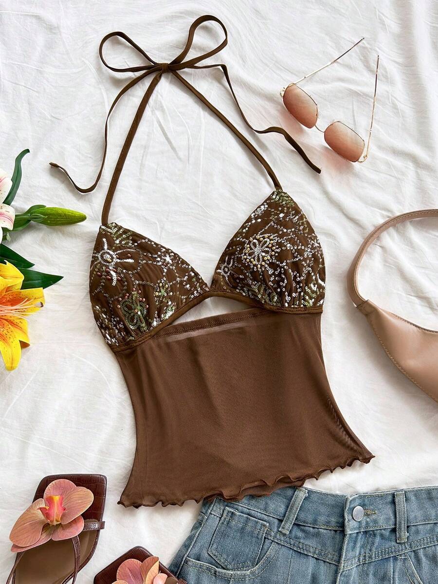 Soleia Áo nữ kiểu dáng thường ngày, cổ điển, gợi cảm, đính sequin, hở lưng, cổ yếm, thích hợp cho kỳ nghỉ hè. - Màu nâu Mocha - Xem 1
