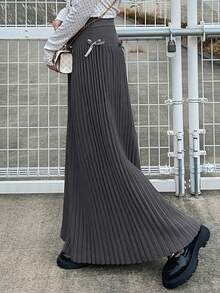 FRIFUL Women's A-Line Waist Bow Tie Knitted Patchwork Skirt - Grey - View 5