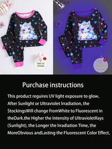 Mädchen Eng anliegendes Einhorn & Stern Leuchtdruck Langarm T-Shirt und Leggings Pyjama Set - Schwarz - Übersicht 7