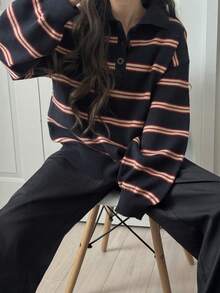 FRIFUL 女士休闲日常办公通勤学院风条纹图案高领宽松针织衫，秋冬款 - 藏蓝色 - 查看 1