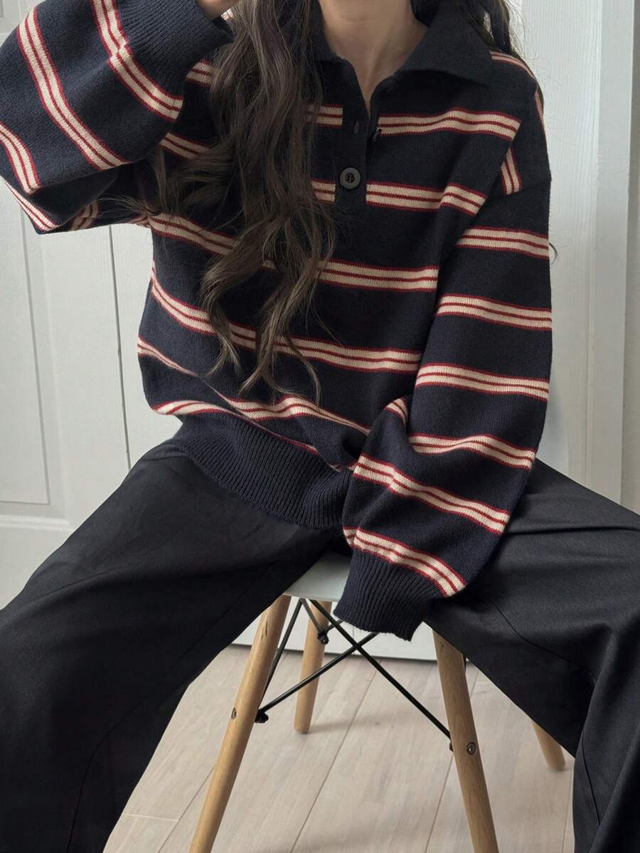 FRIFUL 女士休闲日常办公通勤学院风条纹图案高领宽松针织衫，秋冬款 - 藏蓝色 - 查看 1