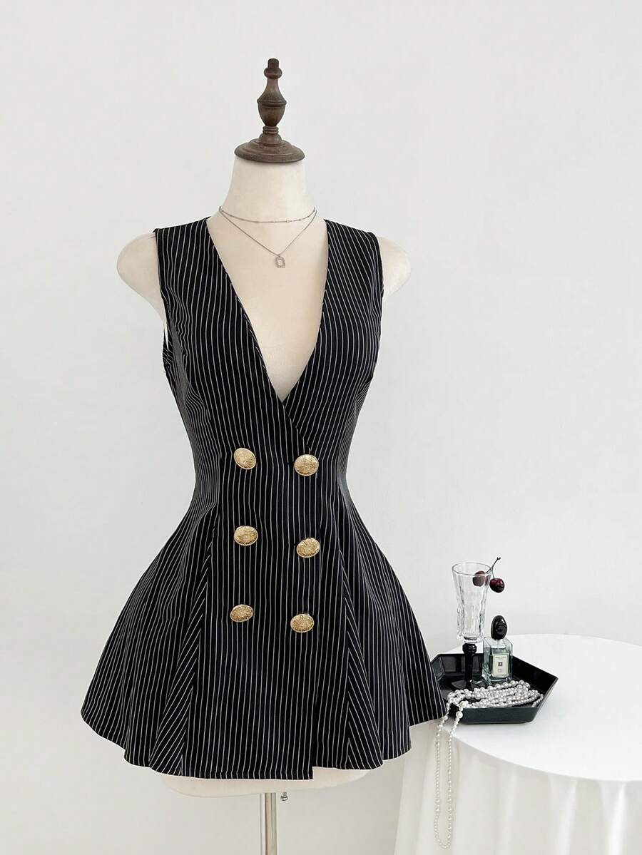Elamini Women's Black Striped A-Line Flared Short V-Neck Sleeveless Dress, Suitable For Outings, Commuting, Office, Business, Casual, Fashionable Street Style, Autumn - Black - View 1