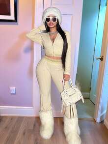 Slaydiva 2025 Winter New Arrivals - New Year, Chinese Festival, Valentine's Day, Party, Evening Party, Date, Gathering, Birthday Party, Preppy Style, Student Wear, Casual Outing, Basic And Versatile, Casual, Cruise Travel, Popular Online Item, Elegant, Commuter, Business Casual, Simple. Features A Fitted Hooded Jacket With A Zippered Hem And Lace Trim, Paired With Fitted Flared Trousers In Apricot Cable Knit. Also Available In Autumn/Winter, Apricot, Party, New Year, Date, Elegant, Commuter, And Casual Styles. Women's Two-Piece Set. - Apricot - View 11