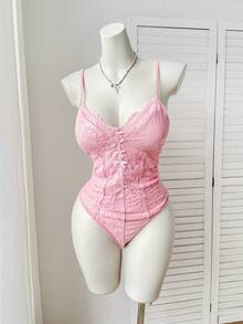 Comfortcana Plus Size Sexy Lace Bodysuit With Bow Accent Pink Bodysuit Pink Lingerie - Pink - View 9