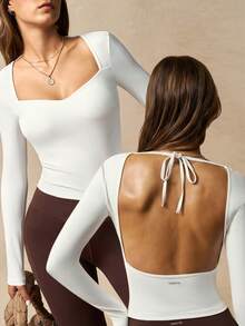 VARSIVA Damska koszulka sportowa z długim rękawem i odkrytymi plecami w jednolitym kolorze, z wiązaniem