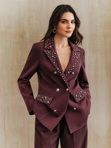 Anewsta Autumn/Winter Colorful Rhinestone Design Office Lady Blazer Jacket For Women - Burgundy - View 1