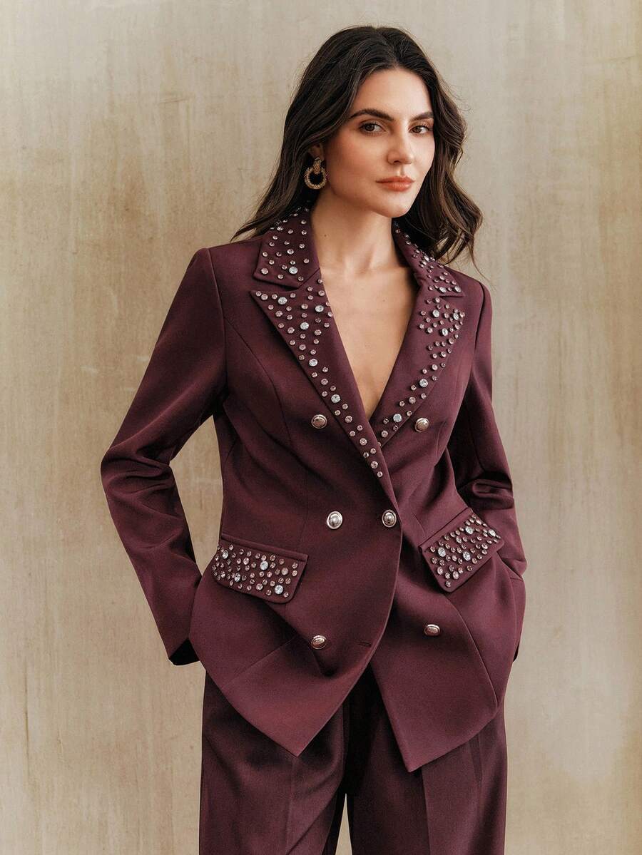 Anewsta Autumn/Winter Colorful Rhinestone Design Office Lady Blazer Jacket For Women - Burgundy - View 1
