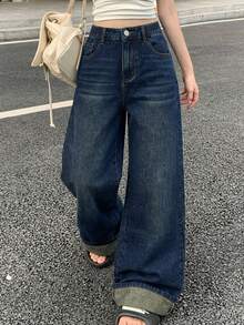 Sparklyn 1pc Classic Casual Durable Dark Blue Straight Leg Jeans For Teen GirlSmooth Comfortable Fabric, Versatile & Durable Design, Suitable For School, Commute & Multipurpose Wear, Straight Leg Fit For Spring & Autumn